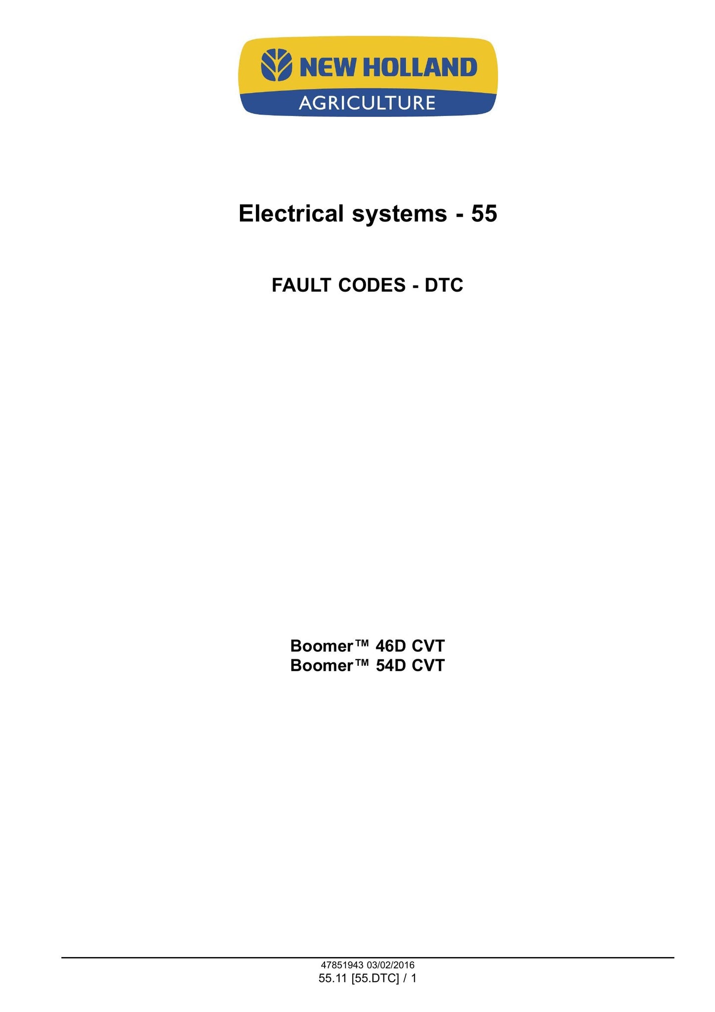 New Holland Boomer 46D CVT Boomer 54D CVT Compact Tractor Factory Workshop Service Manual 47979819