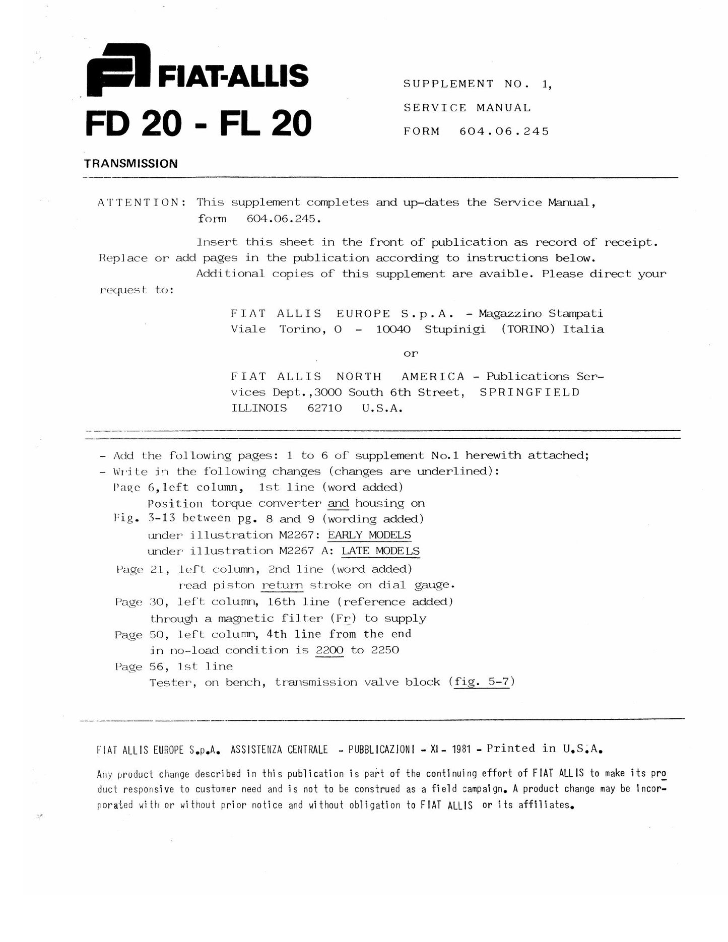 FIATALLIS FD20 FL20 Bulldozer Wheel Loader Factory Workshop Service Manual 604.06.245