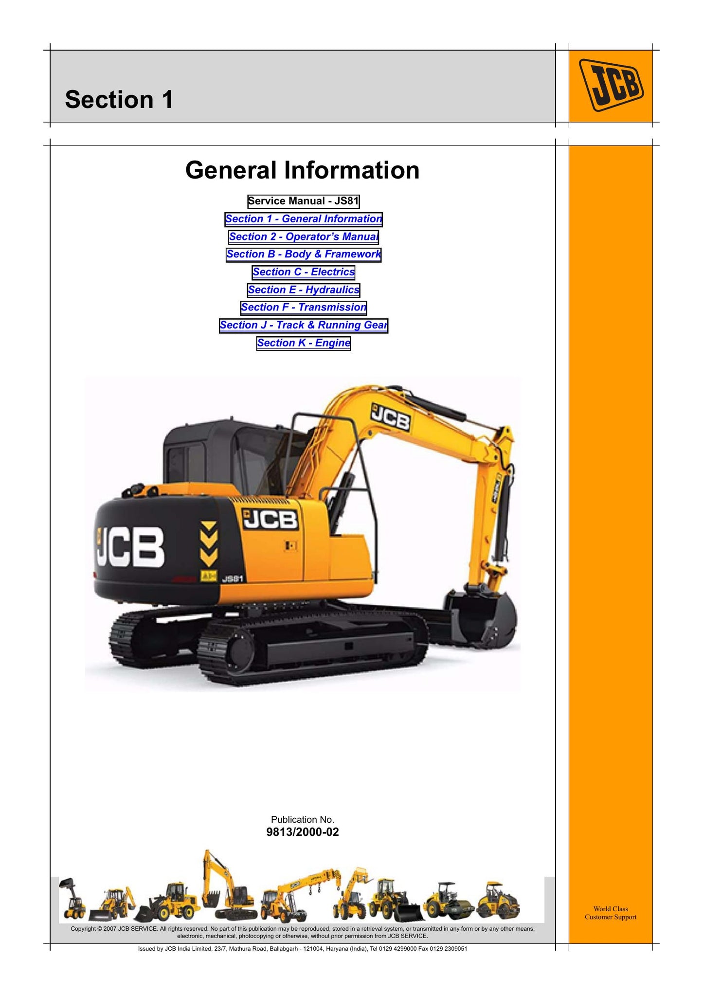 JCB JS81 Tracked Excavator Factory Workshop Service Manual 9813/2000