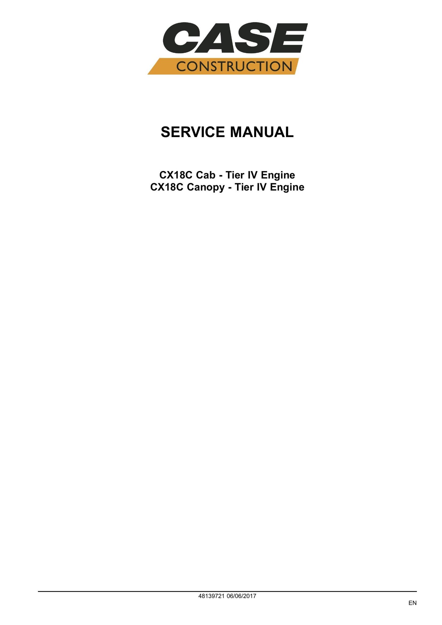 CASE CX18C Mini Excavator Factory Workshop Service Manual 48139721