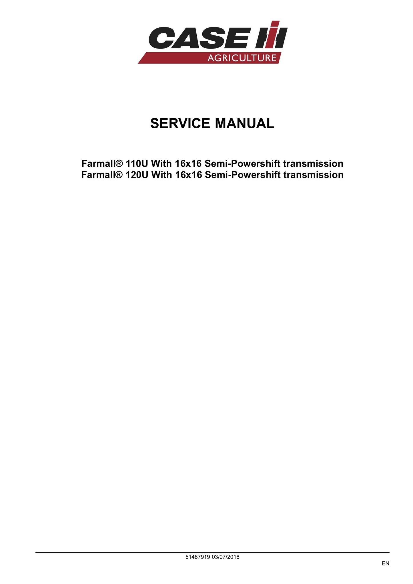 CASE Farmall 110U Farmall 120U Tractor Factory Workshop Service Manual 51487919