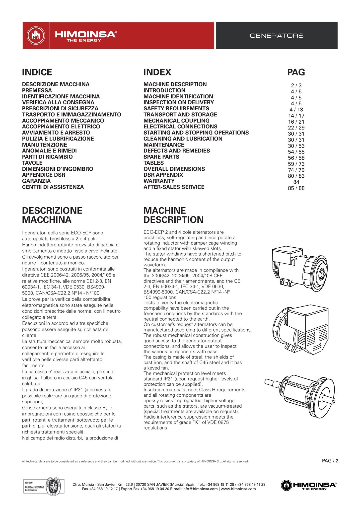 HIMOINSA ECO-ECP Alternator Operating and Maintenance Instructions 9806-4750