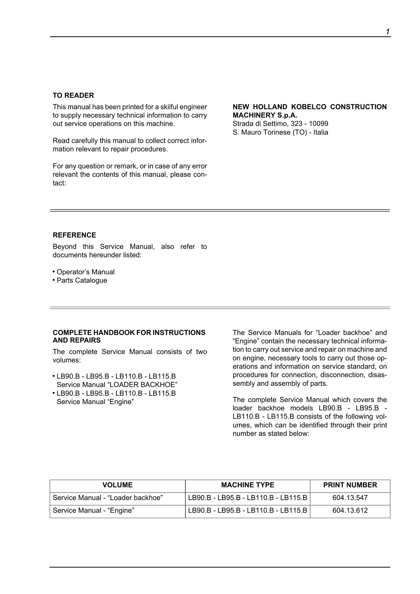 NEW HOLLAND LB90.B LB95.B LB110.B LB115.B Backhoe Loader Workshop Manual 604.13.547