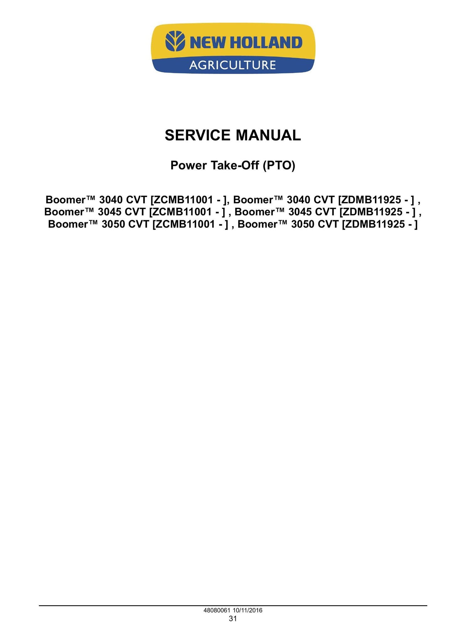 New Holland Boomer 3040 CVT Boomer 3045 CVT Boomer 3050 CVT Compact Tractor Factory Workshop Service Manual 48082166