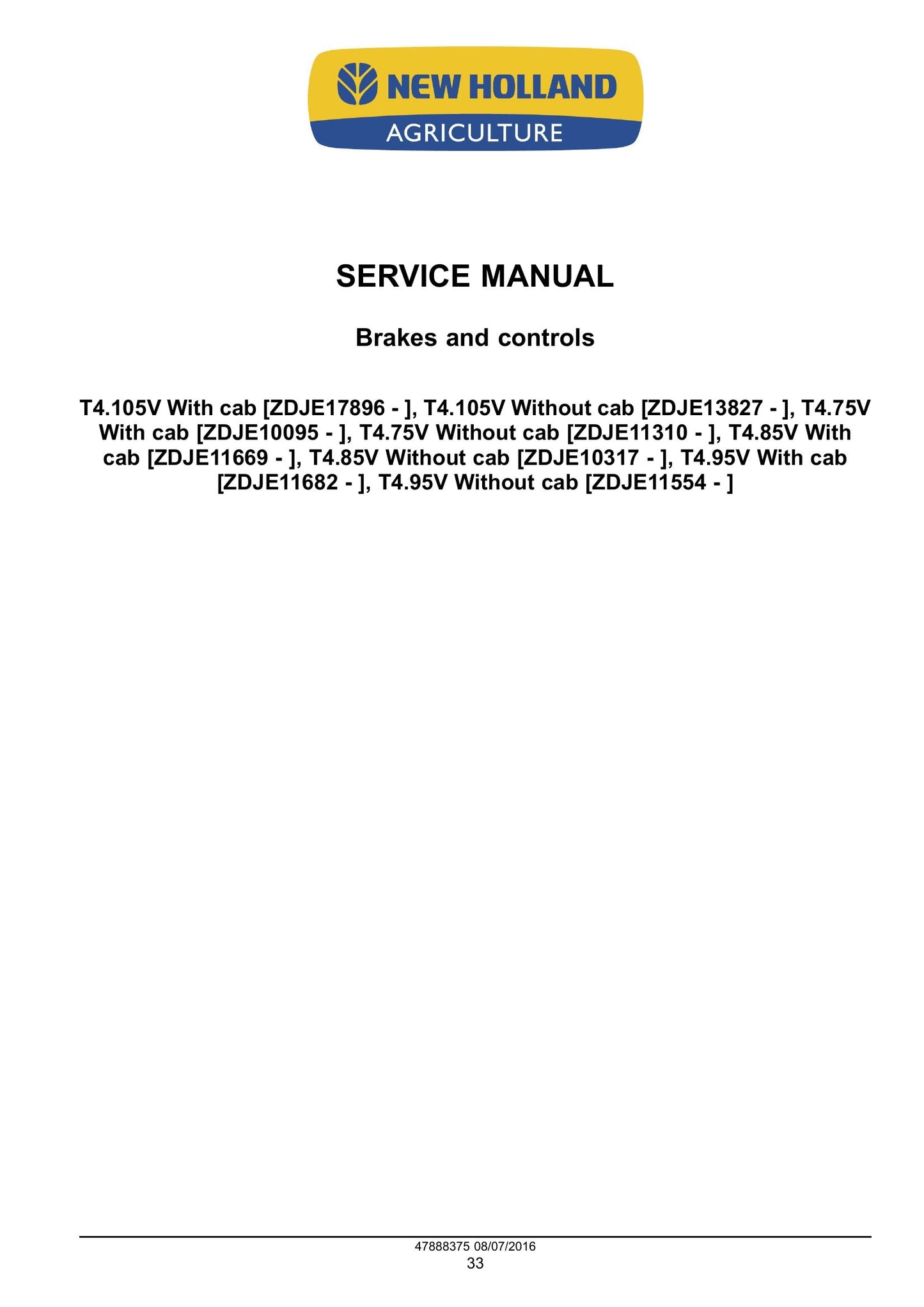 New Holland T4.75V T4.85V T4.95V T4.105V Tractor Factory Workshop Service Manual 48038296