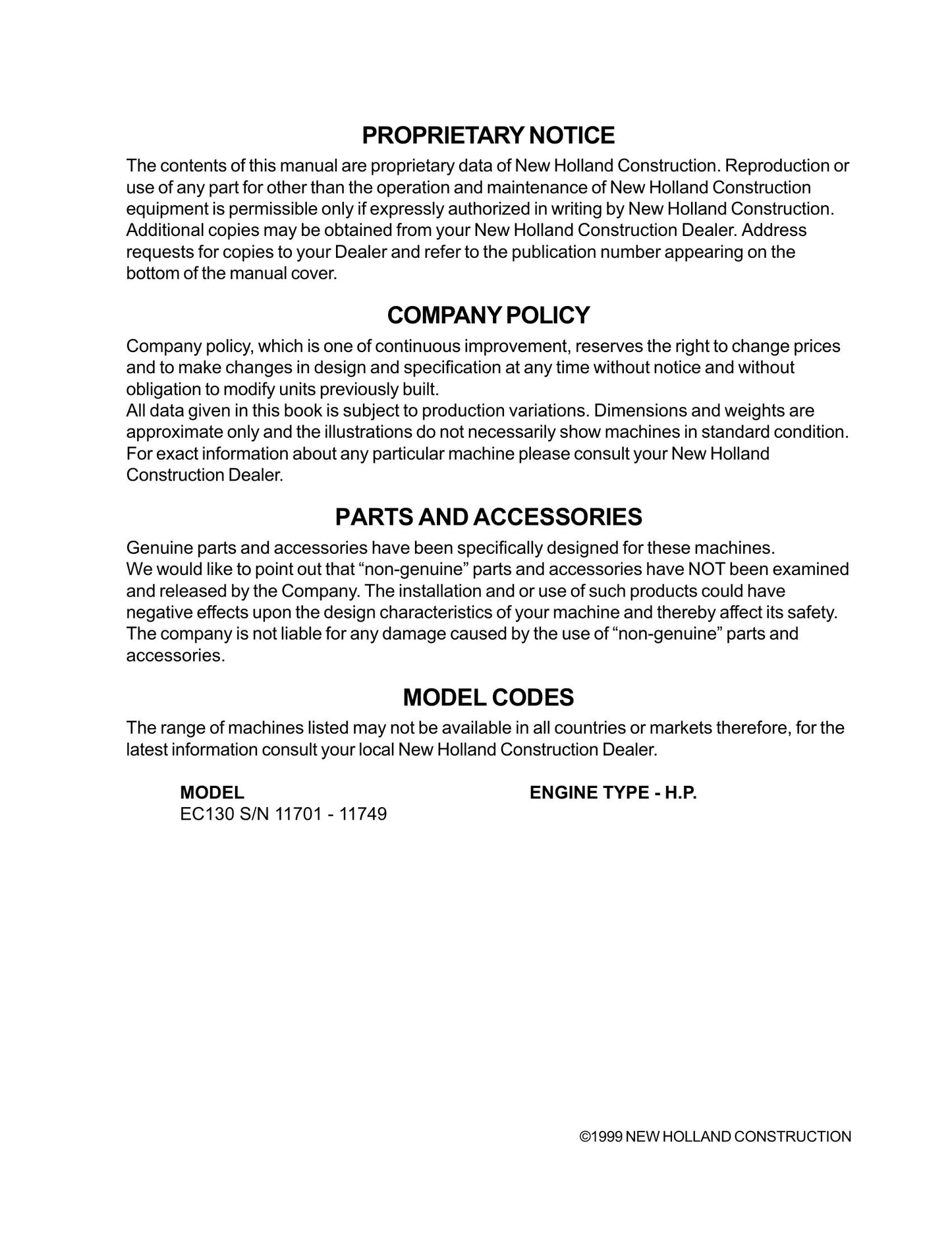 New Holland EC130 Crawler Excavator Factory Workshop Service Manual