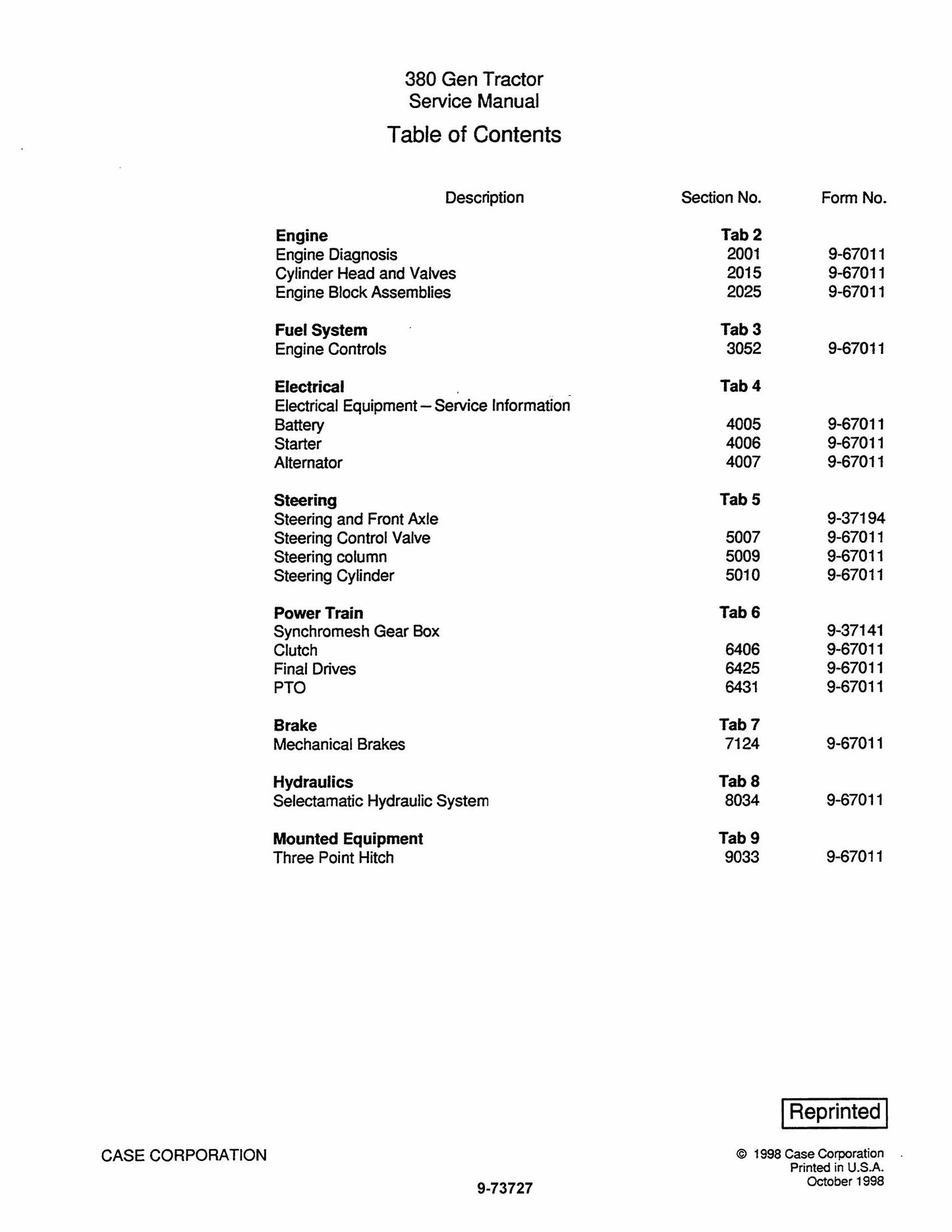 CASE 380 Tractor Factory Workshop Service Manual 9-73727