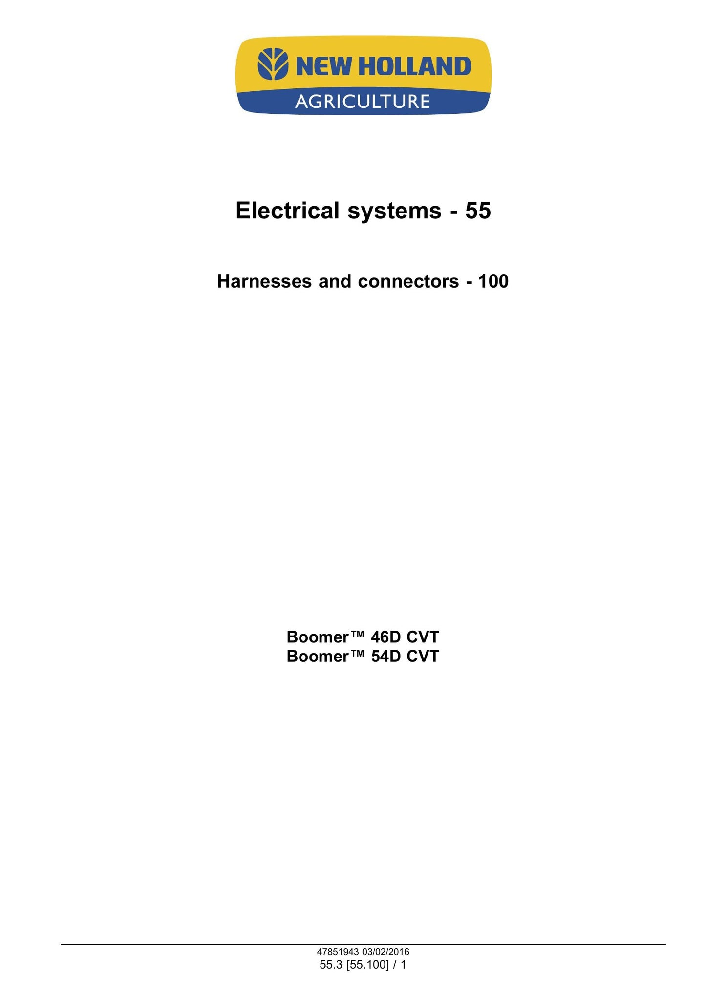 New Holland Boomer 46D CVT Boomer 54D CVT Compact Tractor Factory Workshop Service Manual 47979819