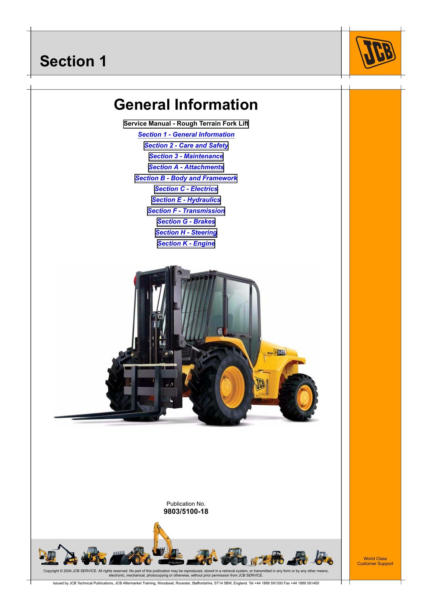 JCB 926 930 940 950 Rough Terrain Fork Lift Factory Workshop Service Manual 9803/5100
