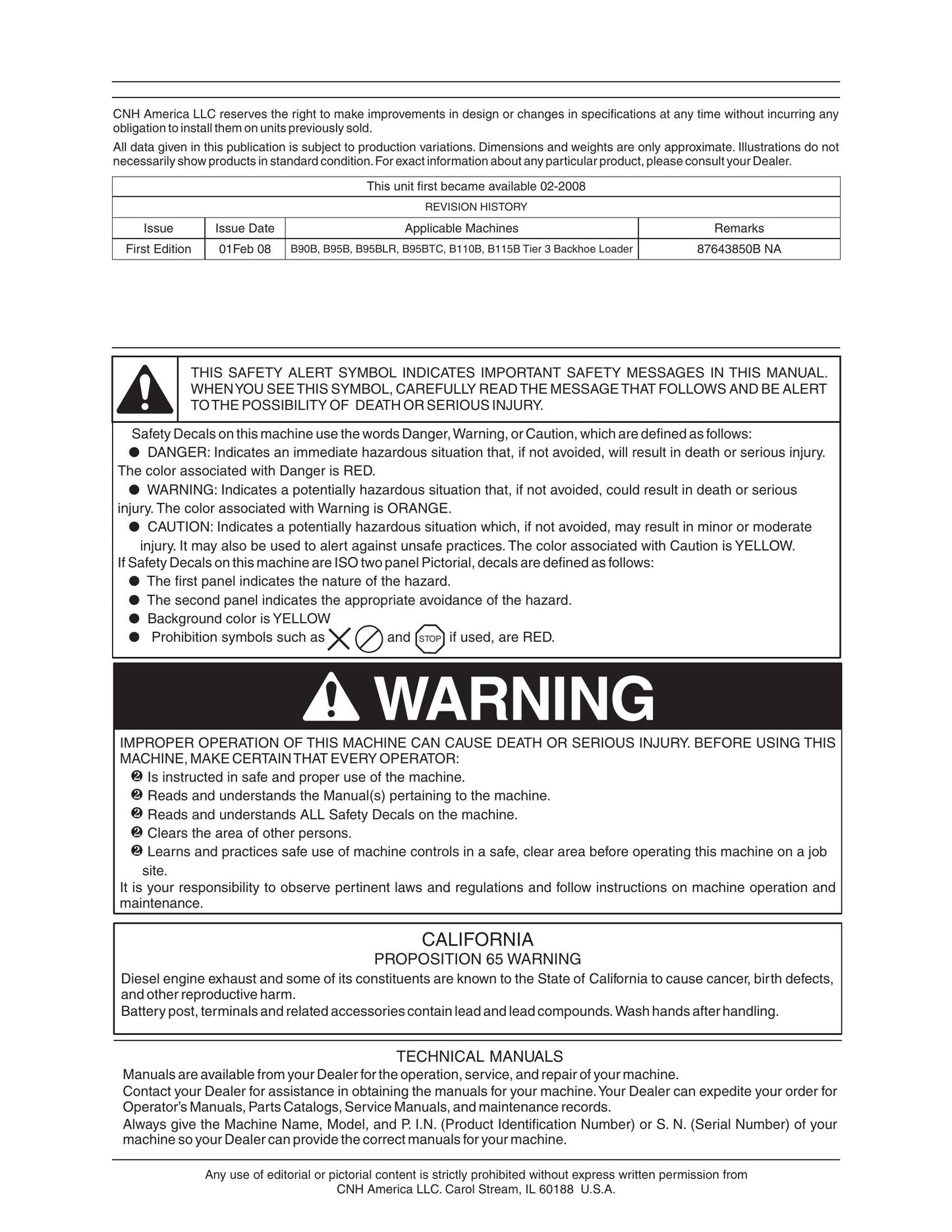NEW HOLLAND B90B B95B B95BLR B95BTC B110B B115B Backhoe Loader Factory Workshop Repair Manual 87643850B NA