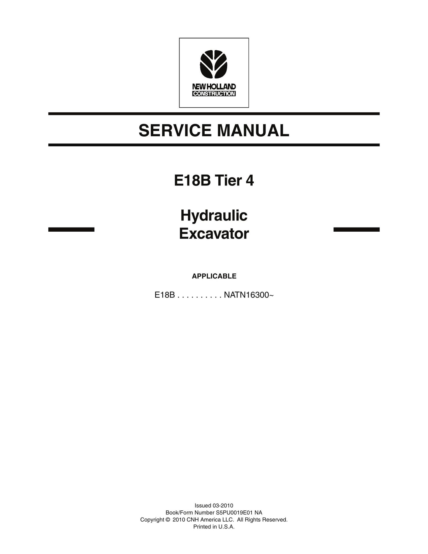 NEW HOLLAND E18B Hydraulic Excavator Factory Workshop Service Manual S5PU0019E01