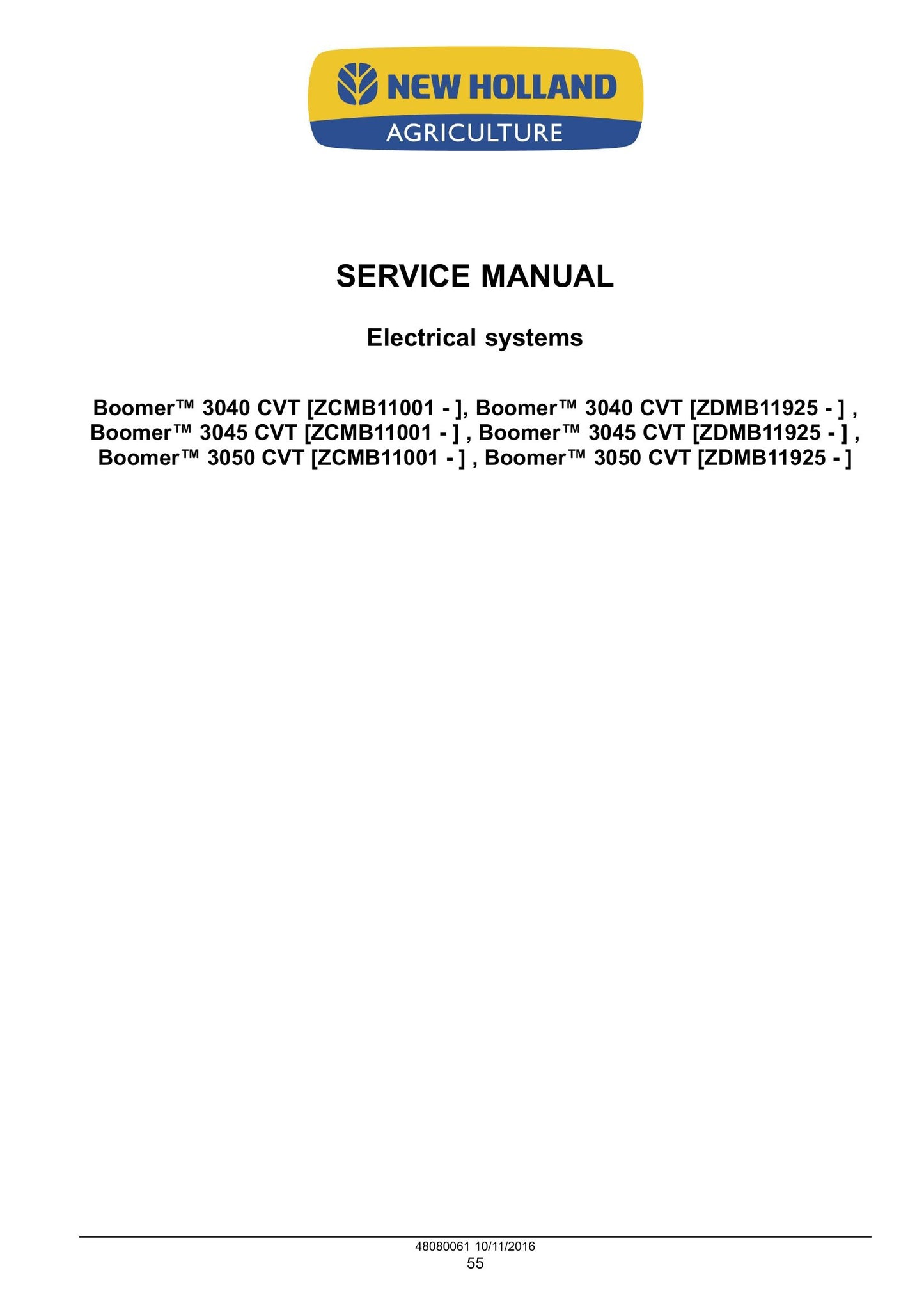 New Holland Boomer 3040 CVT Boomer 3045 CVT Boomer 3050 CVT Compact Tractor Factory Workshop Service Manual 48082166