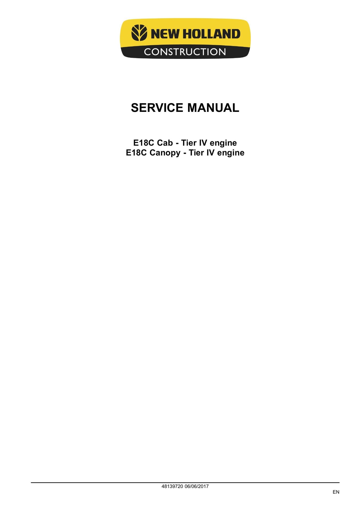 New Holland E18C Mini Excavator Factory Workshop Service Manual 48139720