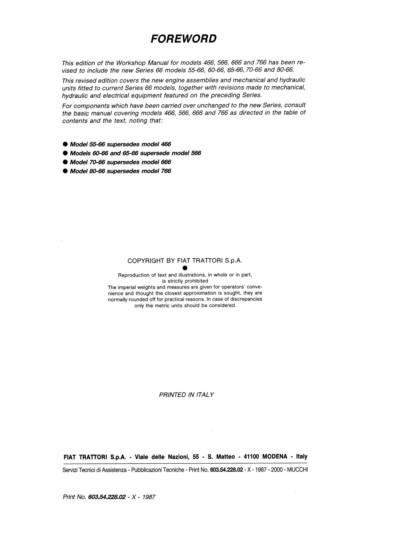 FIAT 55-66 55-66 DT 60-66 60-66 DT 65-66 65-66 DT 70-66 70-66 DT 80-66 80-66 DT Tractor Workshop Manual 06910069
