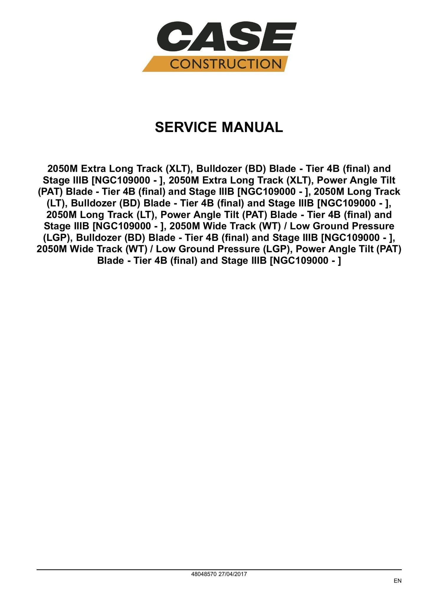 CASE 2050M Crawler Dozer Factory Workshop Service Manual 48048570