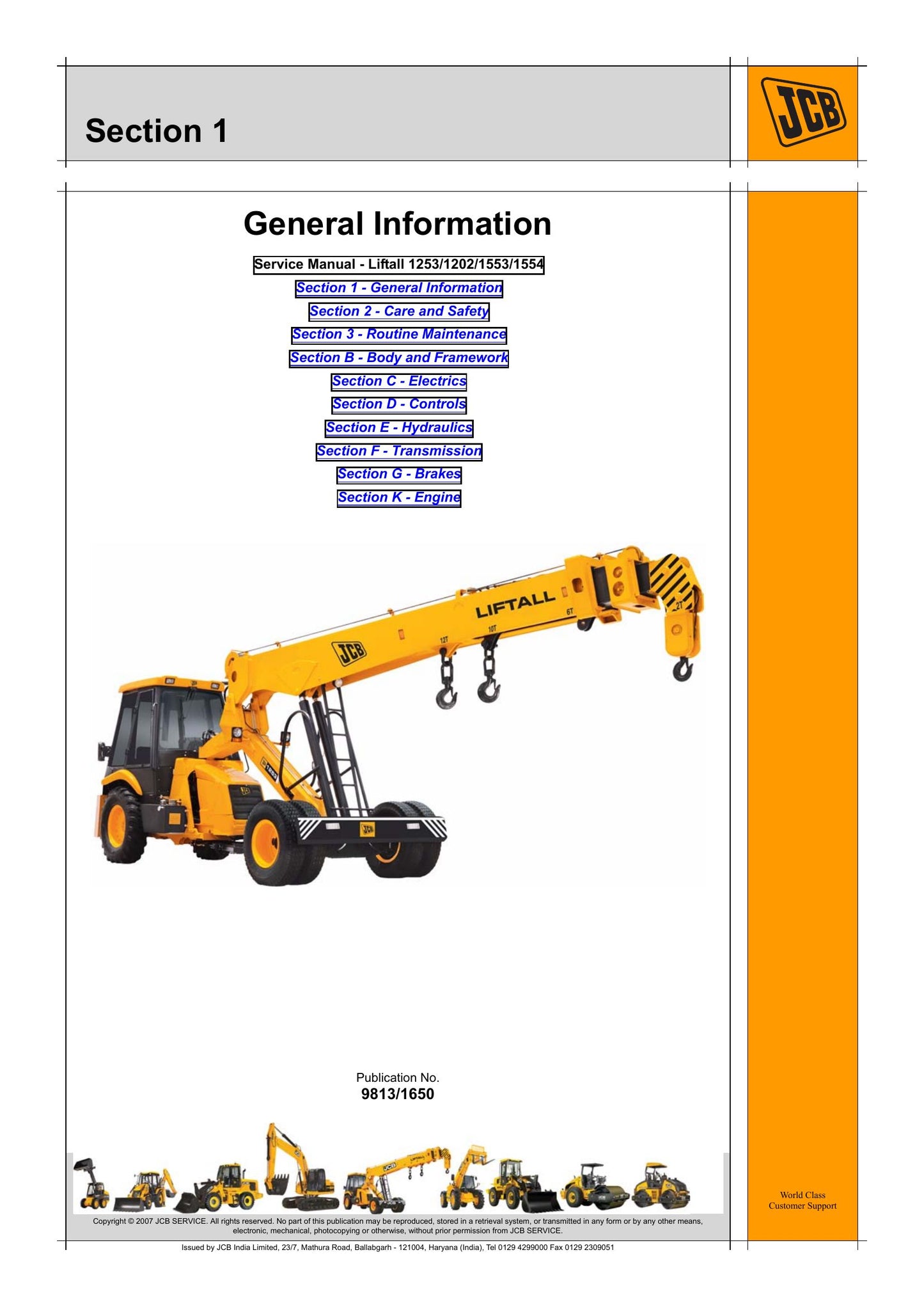 JCB Liftall 1253 Liftall 1202 Liftall 1553 Liftall 1554 Telehandler Factory Workshop Service Manual 9813/1650