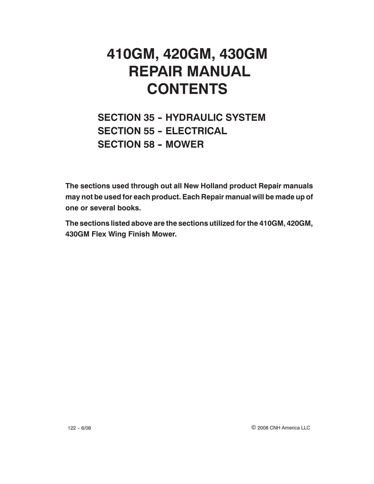 New Holland 410GM 420GM 430GM Flex Wing Finish Mower Factory Workshop Repair Manual