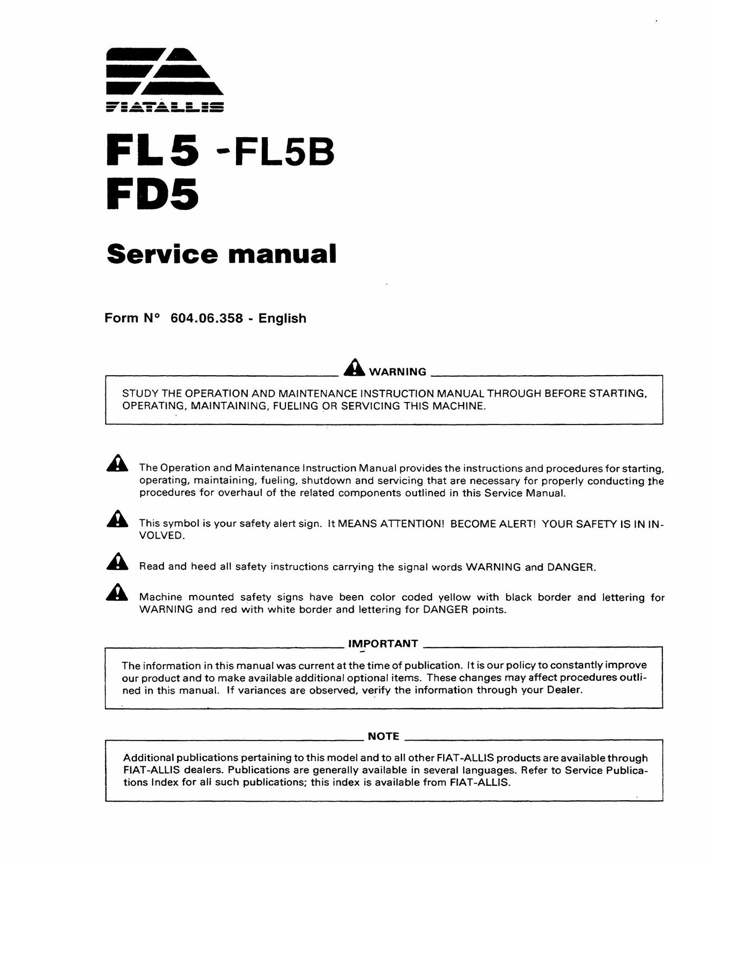 FIATALLIS FL5 FL5B FD5 Bulldozer Factory Workshop Service Manual 604.06.358