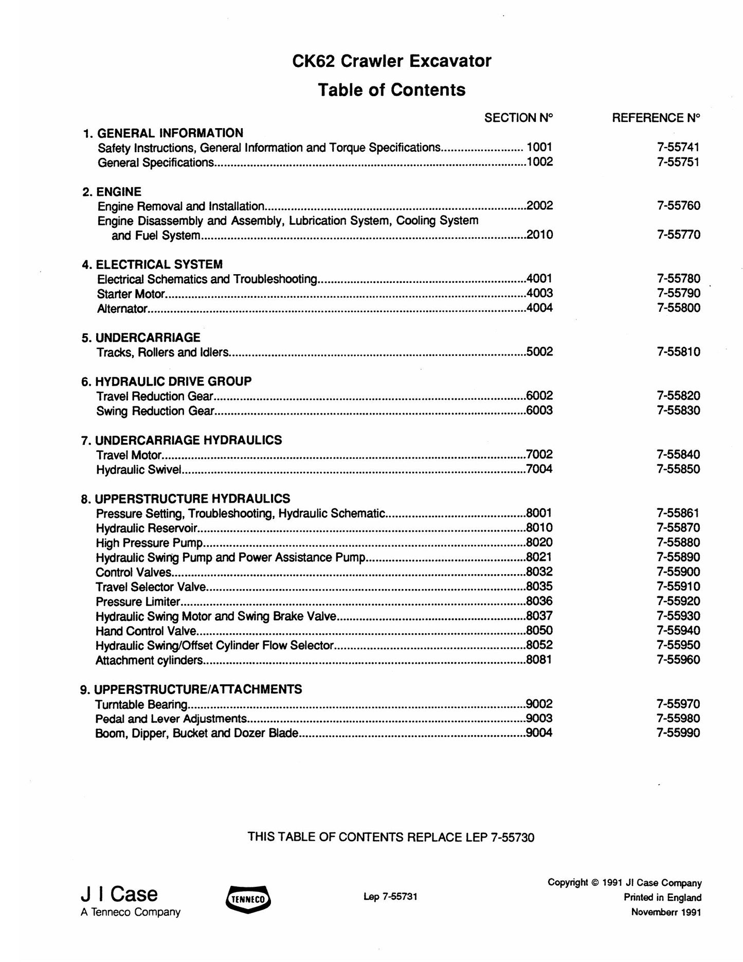 CASE CK62 Crawler Excavator Factory Workshop Service Manual 7-55721 LEP 7-55730