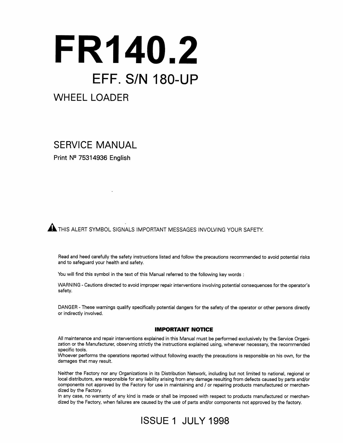 FIATALLIS FR140.2 Wheel Loader Factory Workshop Service Manual 75314936