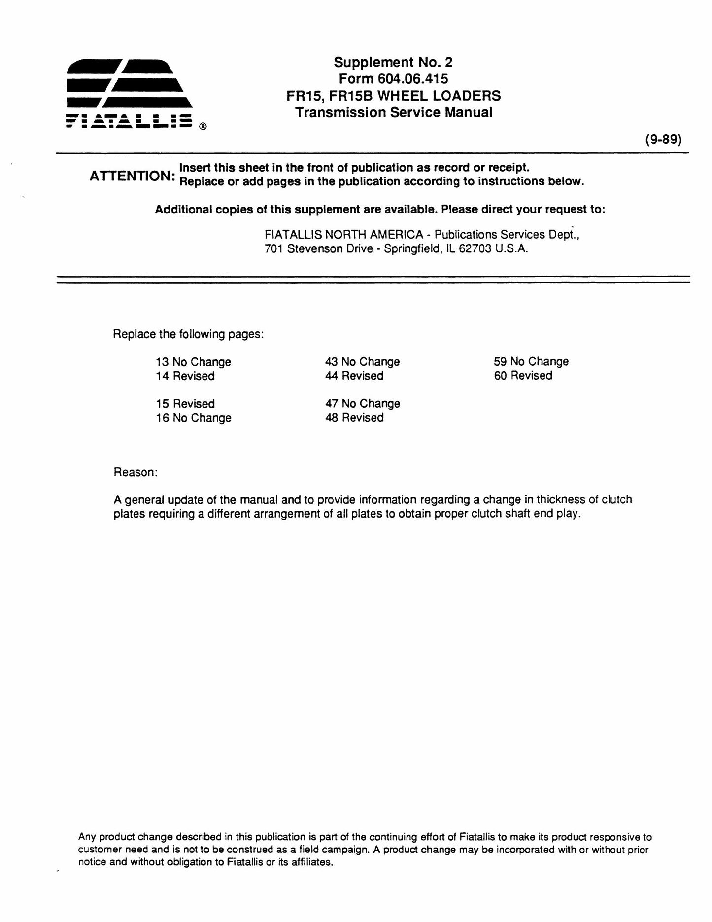 FIATALLIS FR15 FR15B Wheel Loader Transmission Factory Workshop Service Manual 604.06.415