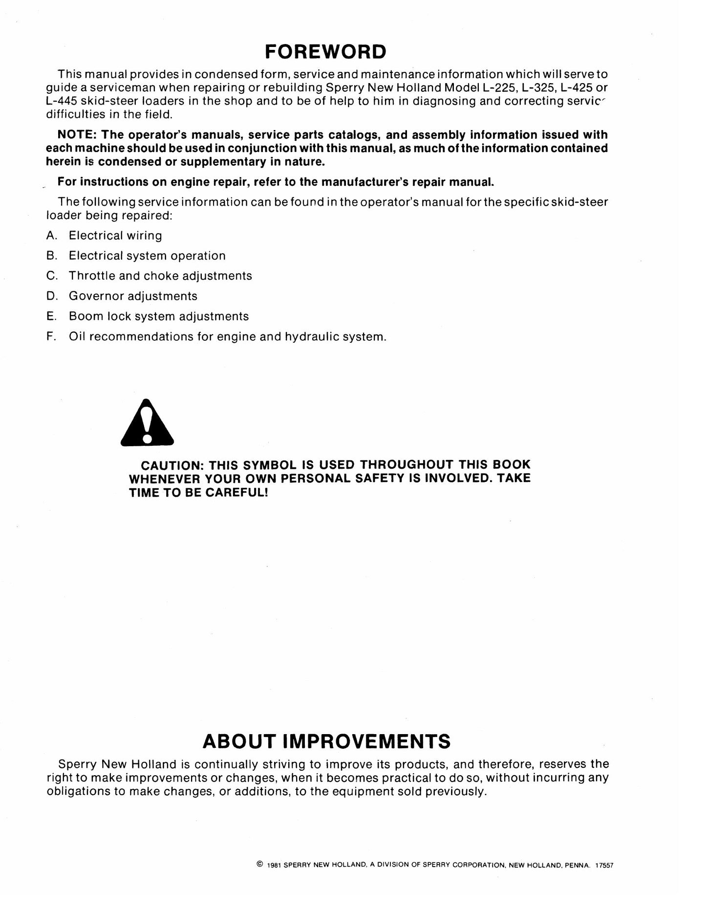 Sperry New Holland L-225 L-325 L-425 L-445 Skid Steer Loader Factory Workshop Service Manual