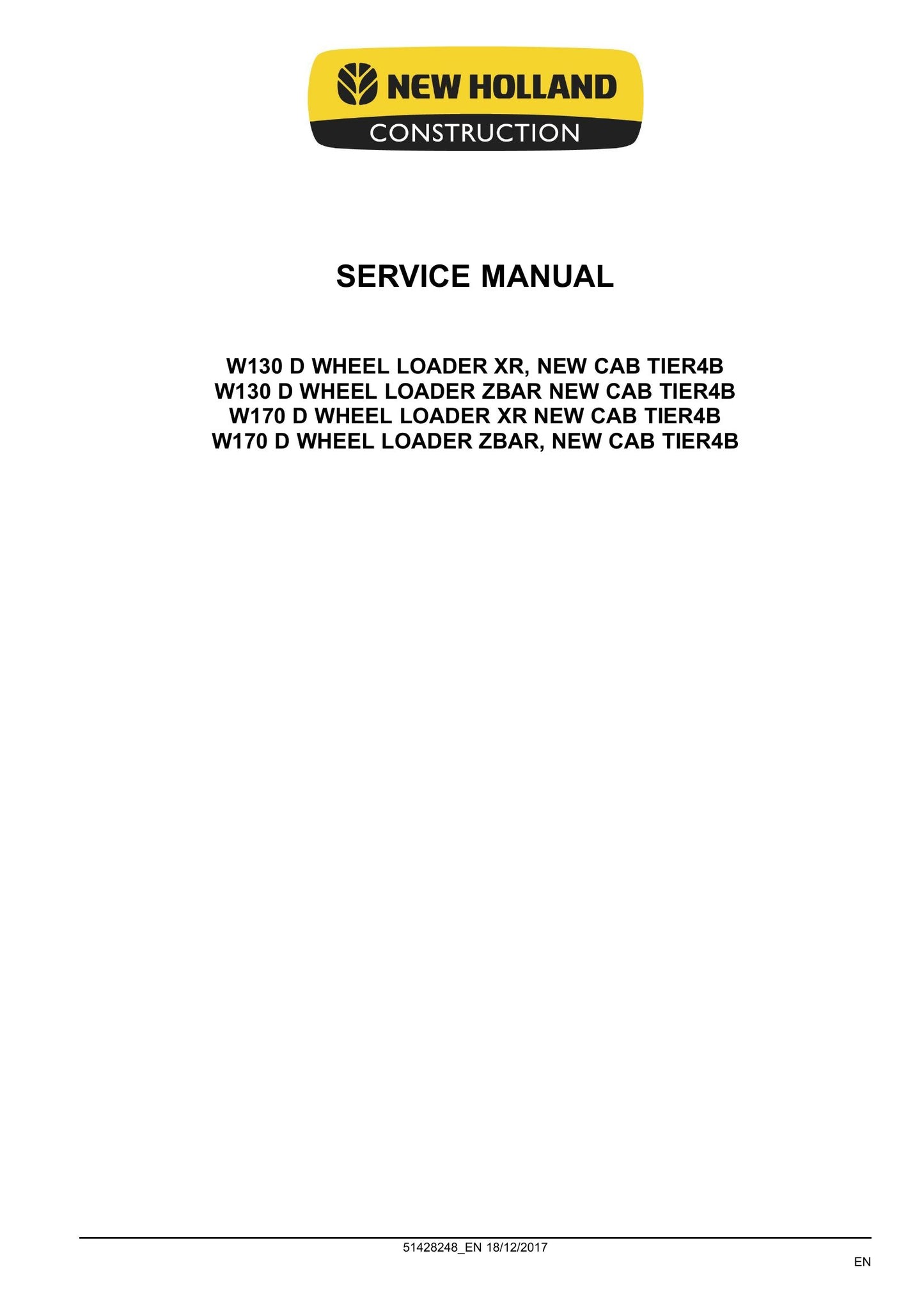 New Holland W130D W170D Wheel Loader Factory Workshop Service Manual 51428248
