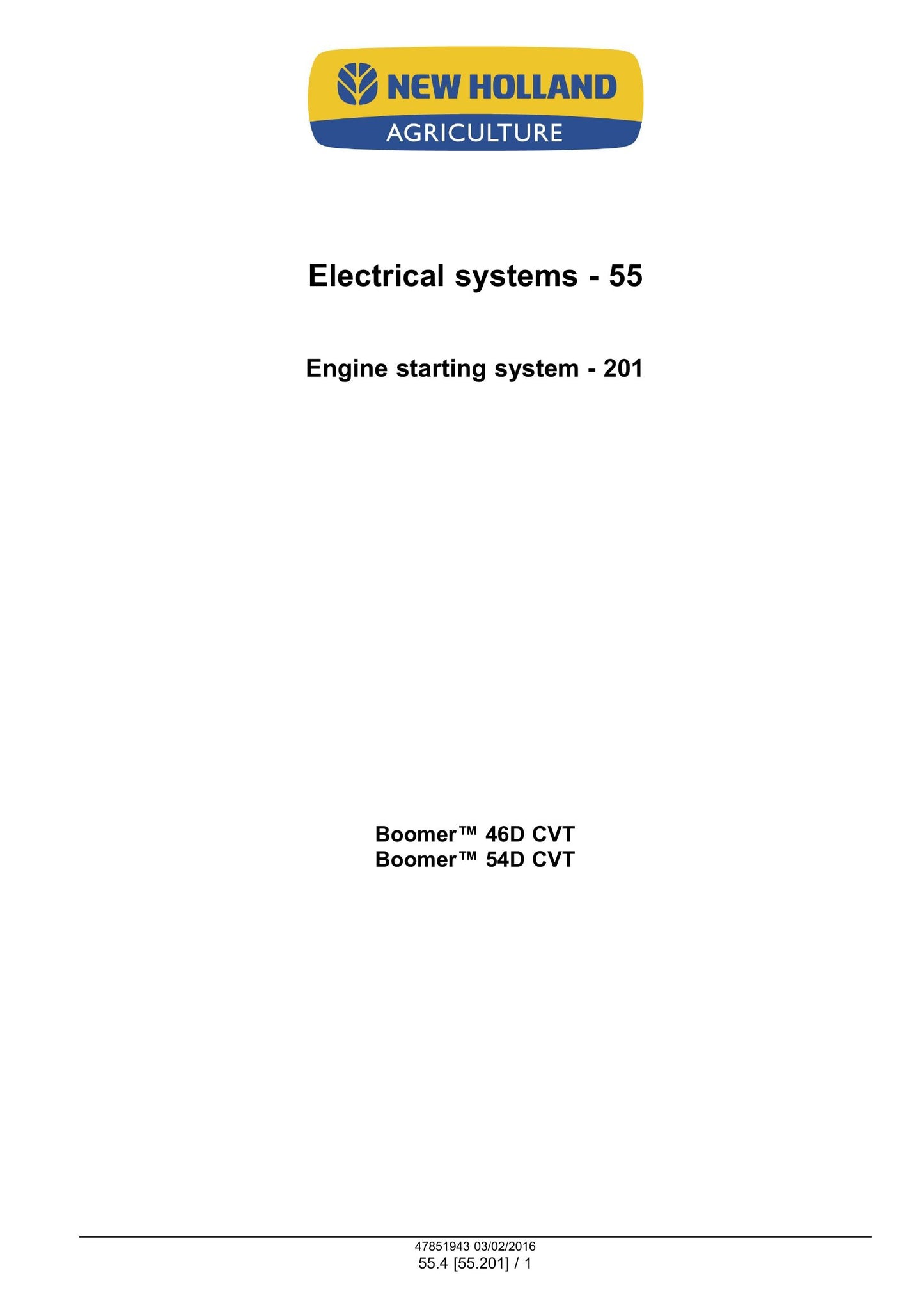 New Holland Boomer 46D CVT Boomer 54D CVT Compact Tractor Factory Workshop Service Manual 47979819