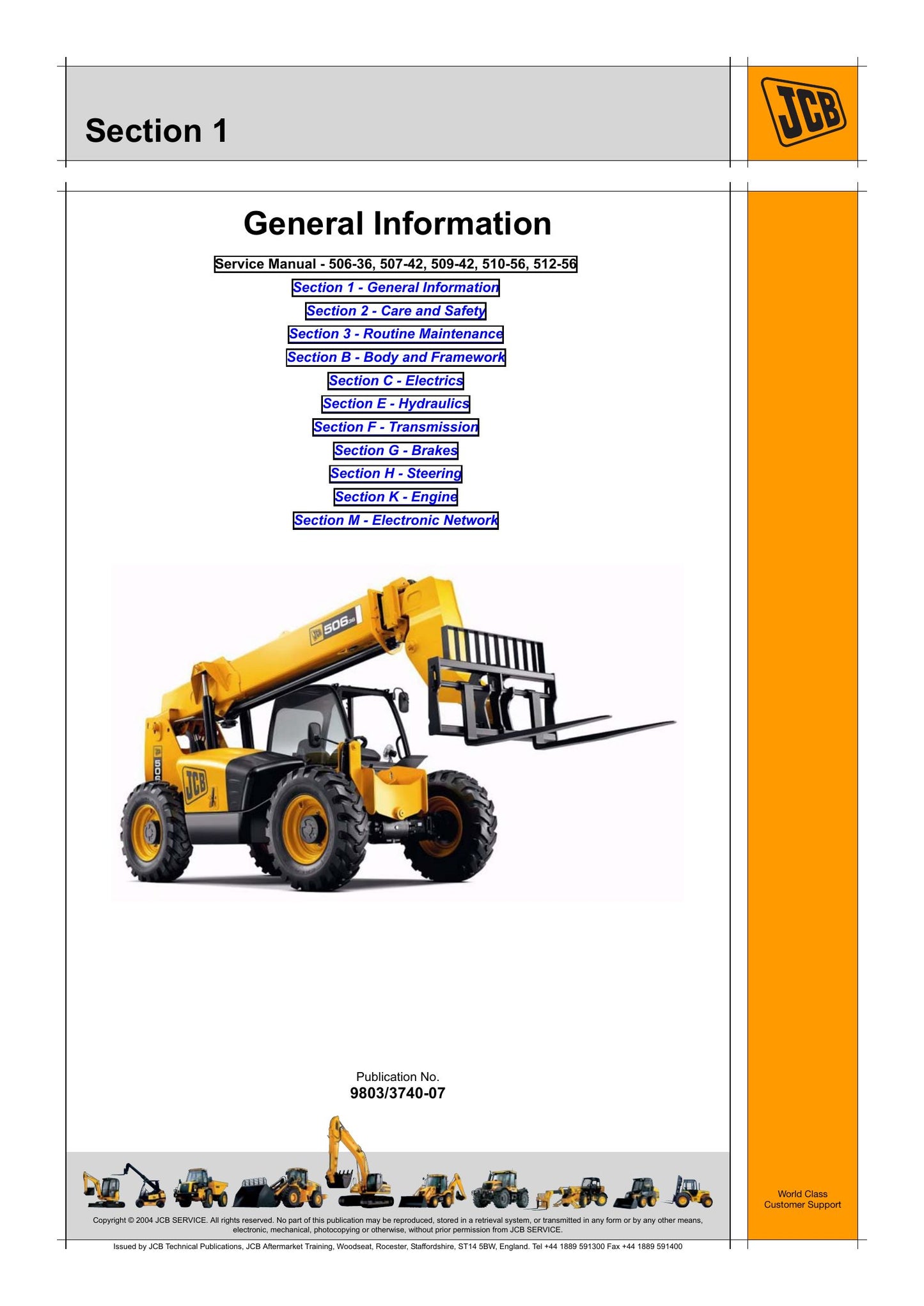 JCB 506-36 507-42 509-42 510-56 512-56 Telehandler Factory Workshop Service Manual 9803/3740