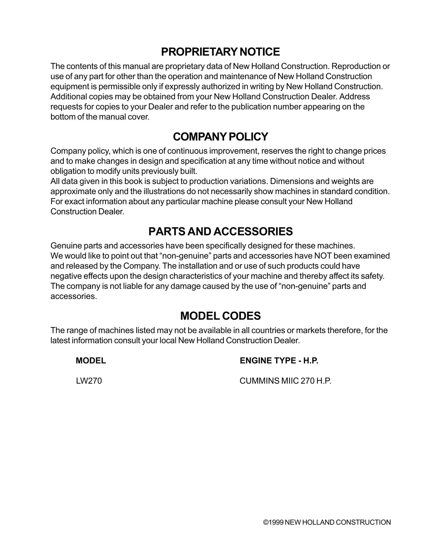 New Holland LW270 Wheel Loader Factory Workshop Service Manual