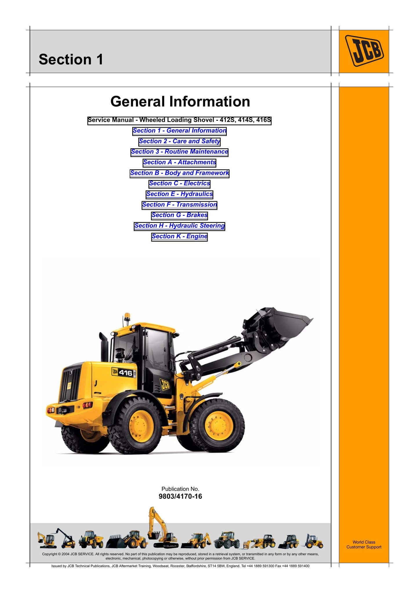 JCB 412S 414S 416S Wheel Loader Factory Workshop Service Manual 9803/4170