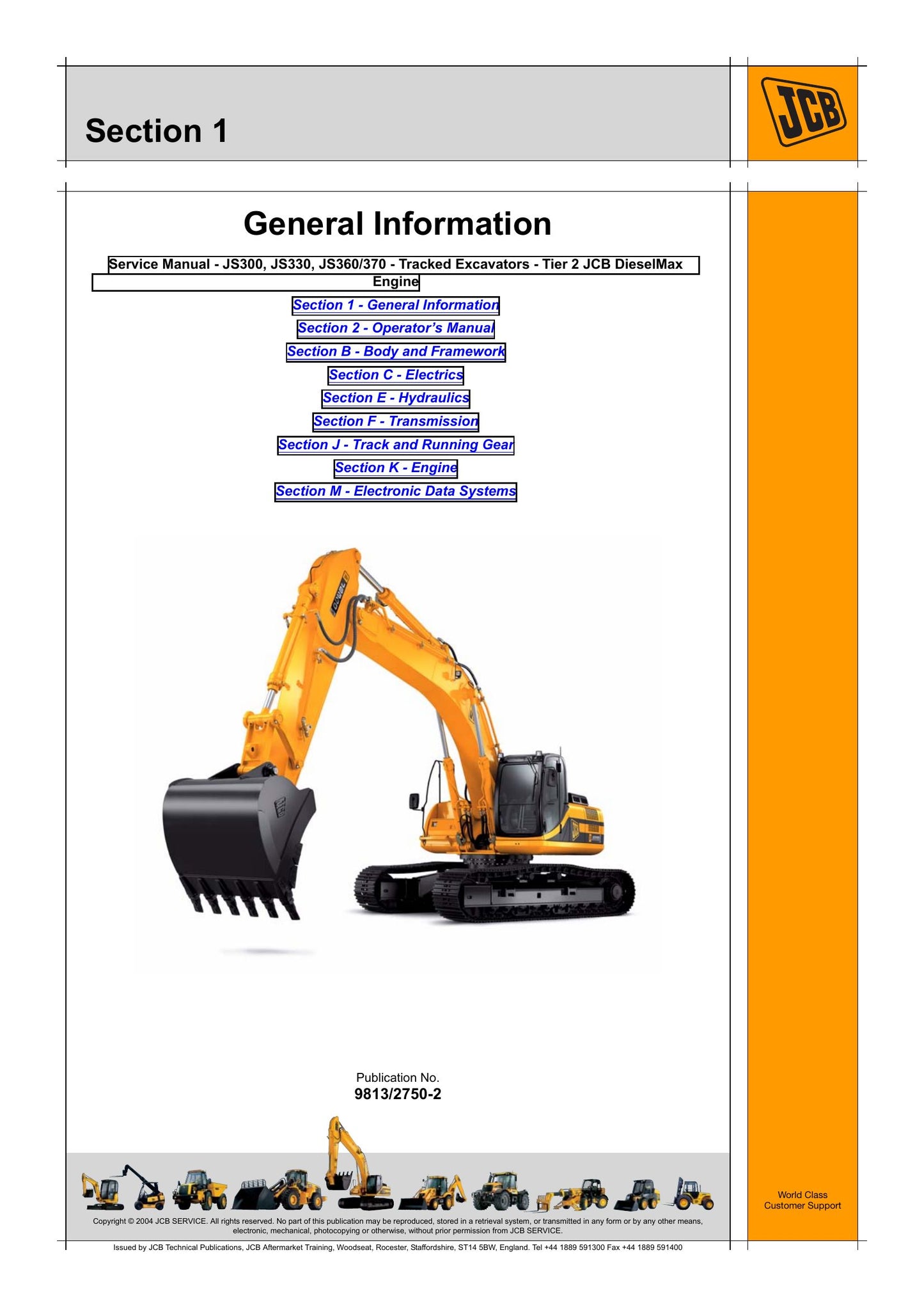 JCB JS300 JS330 JS360/370 Tracked Excavator Factory Workshop Service Manual 9813/2750-2