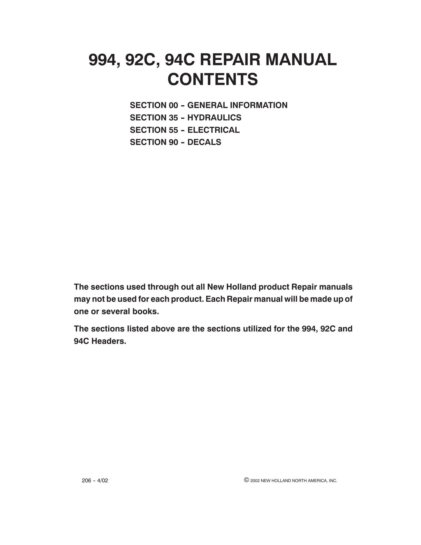 New Holland 994 92C 94C Header Factory Workshop Repair Manual 86642406