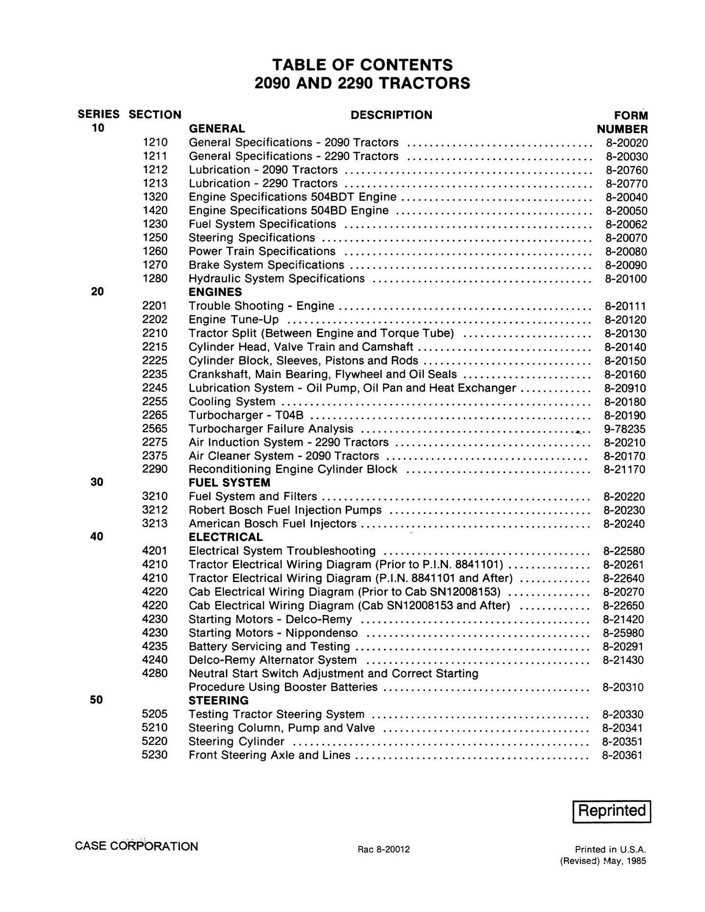 CASE 2090 2290 Tractor Factory Workshop Service Manual 8-20000