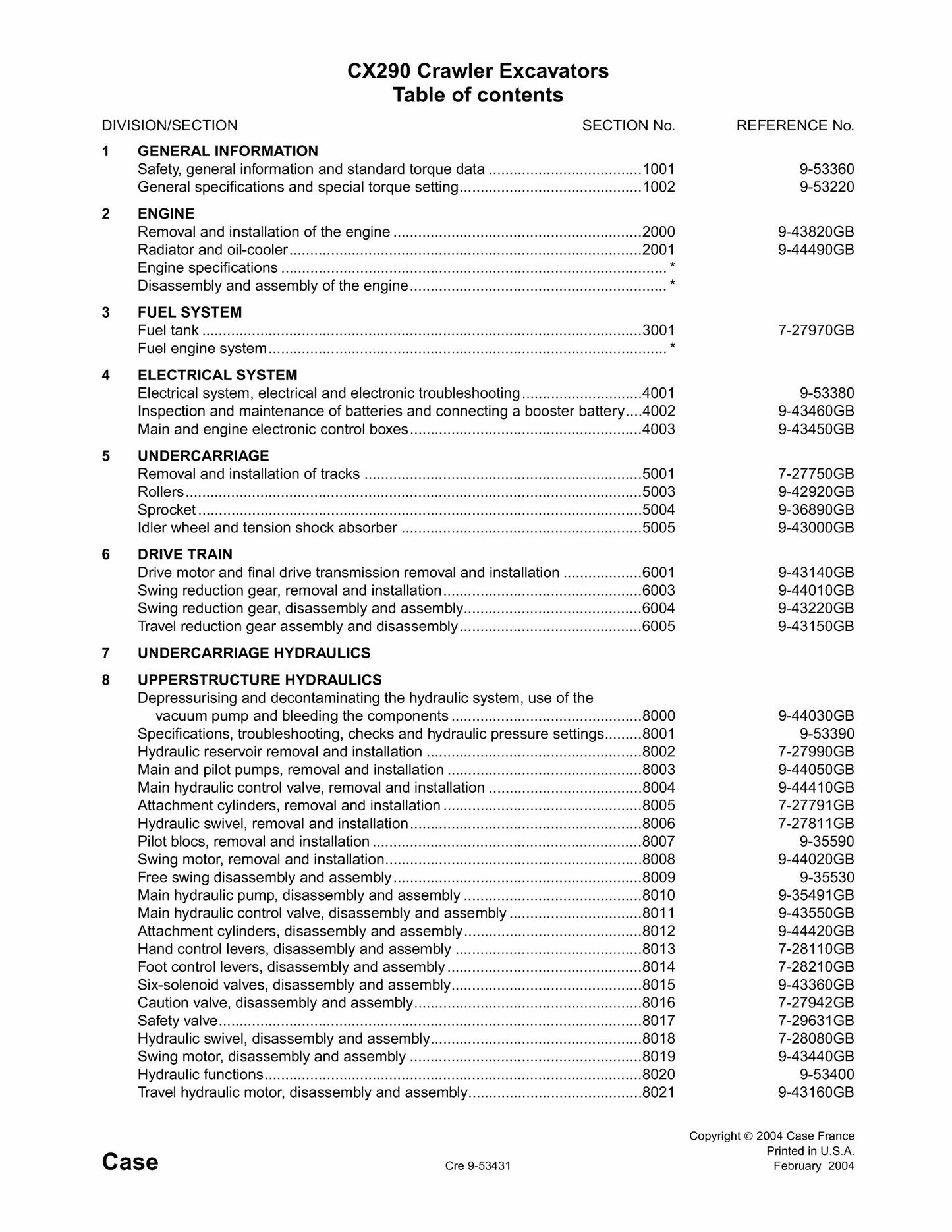 CASE CX290 Crawler Excavator Factory Workshop Service Manual 9-53581