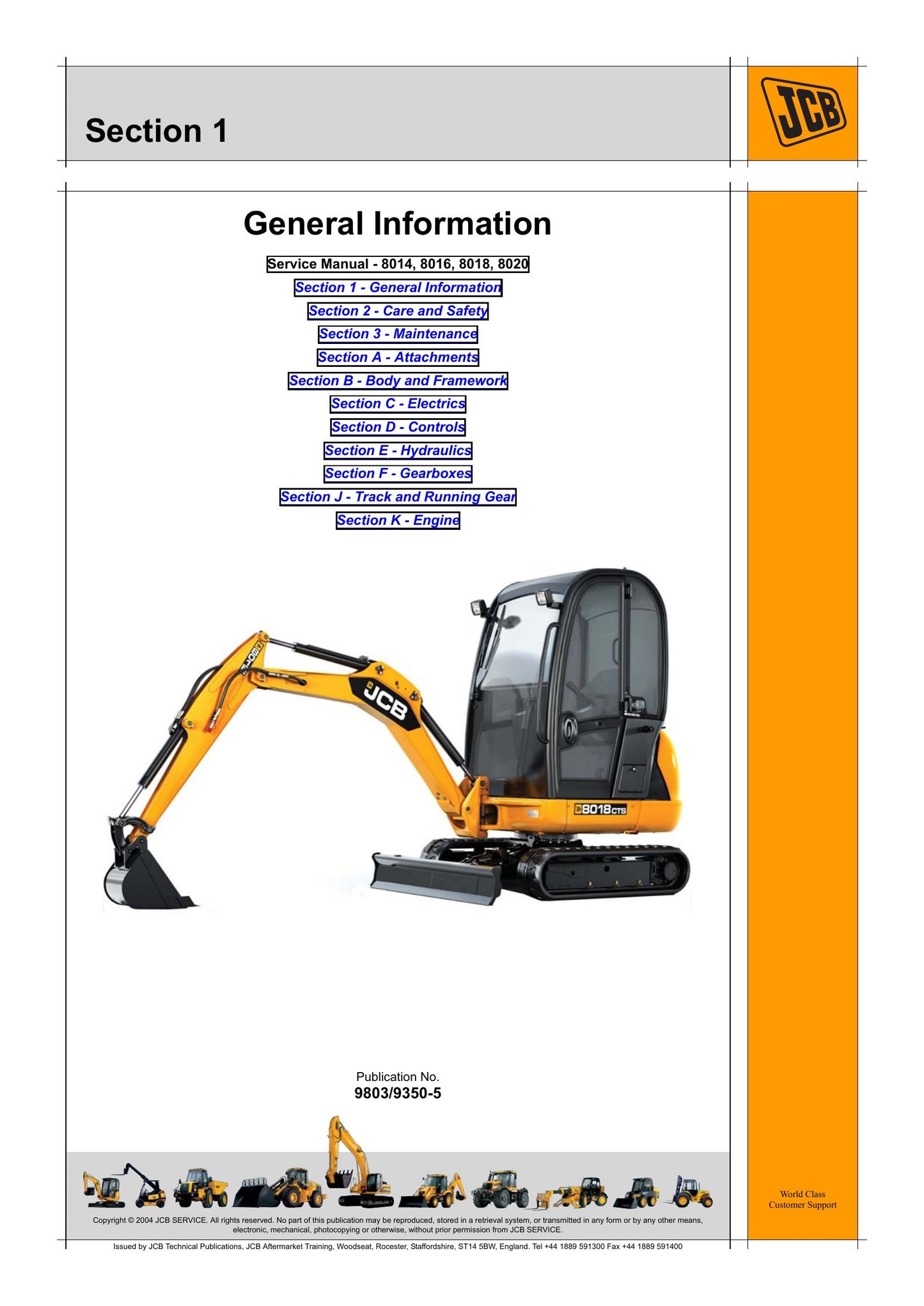 JCB 8014 8016 8018 8020 Mini Excavator Factory Workshop Service Manual 9803/9350