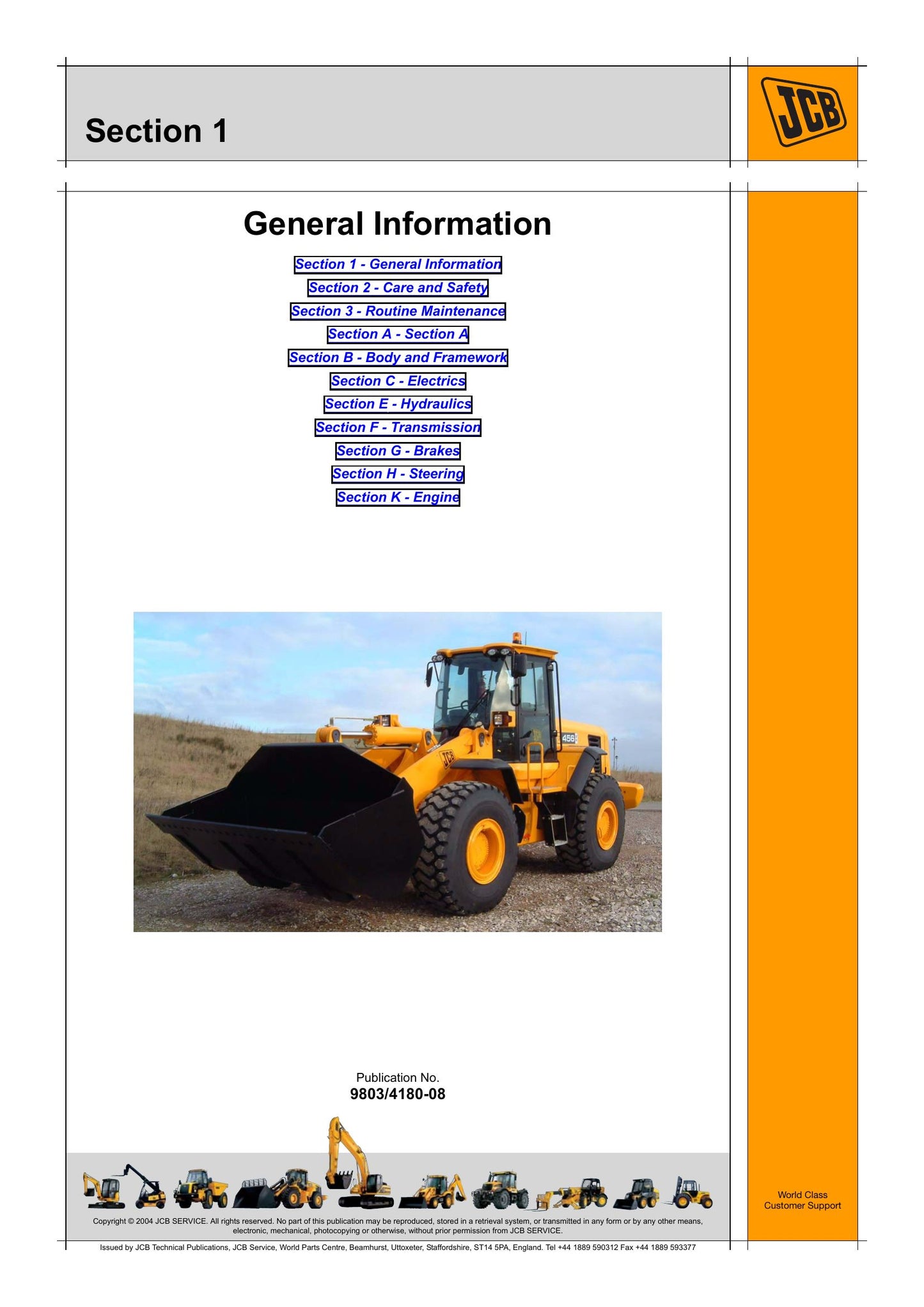 JCB 446 456 Wheeled Loading Shovel Factory Workshop Service Manual 9803/4180