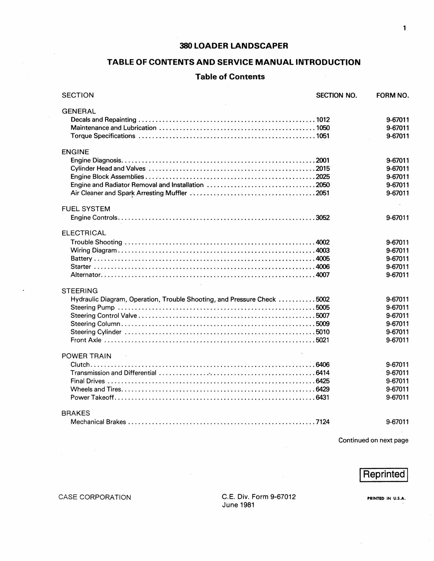 CASE 380 Wheel Loader Factory Workshop Service Manual 9-67012