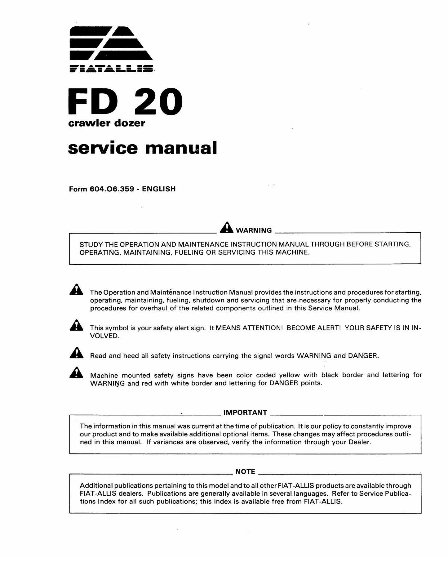 FIATALLIS FD20 Crawler Tractor Factory Workshop Service Manual 60406359