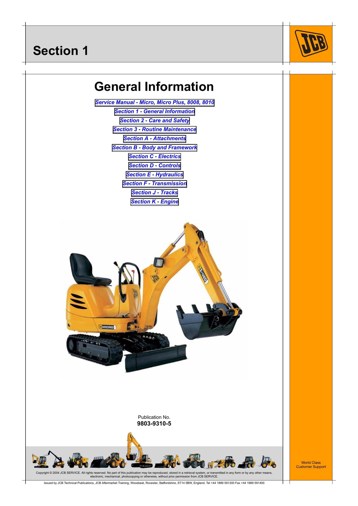 JCB Micro Micro Plus 8008 8010 Mini Excavator Factory Workshop Service Manual 9803/9310-5