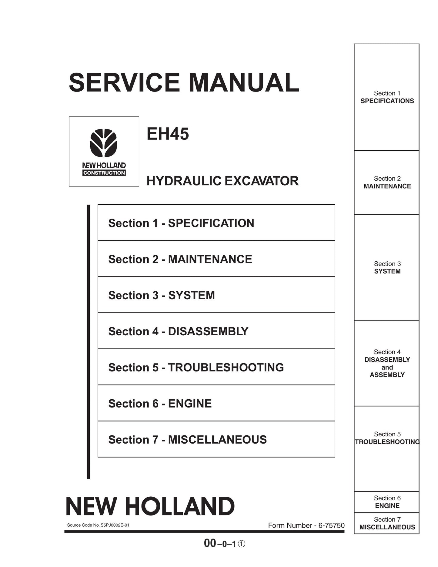 New Holland EH45 Compact Excavator Factory Workshop Service Manual 6-75750NA