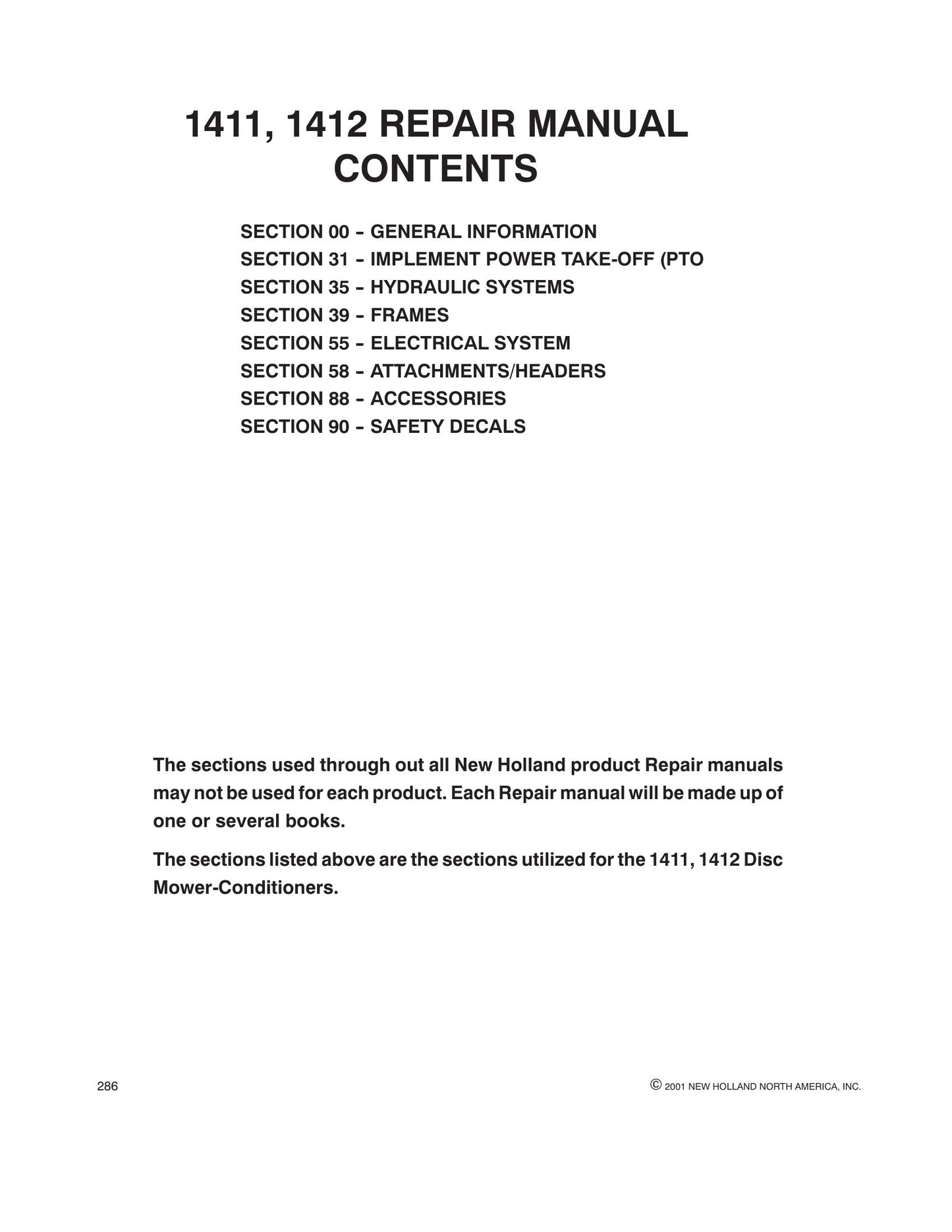 New Holland 1411 1412 Disc Mower-Conditioner Factory Workshop Repair Manual