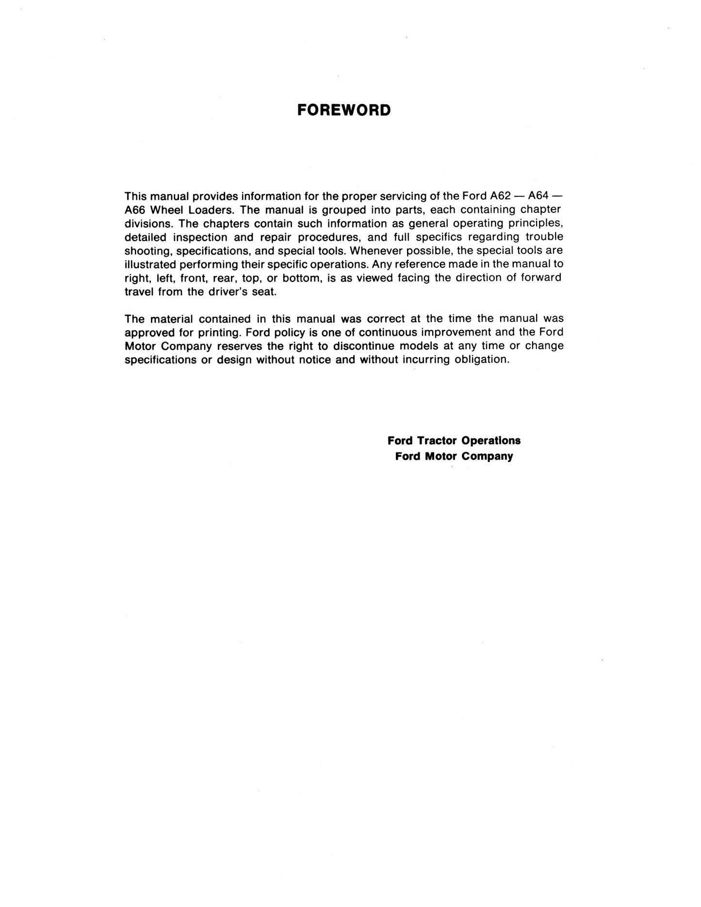 FORD A-62 A-64 A-66 Wheel Loader Factory Workshop Service Manual 40006230A