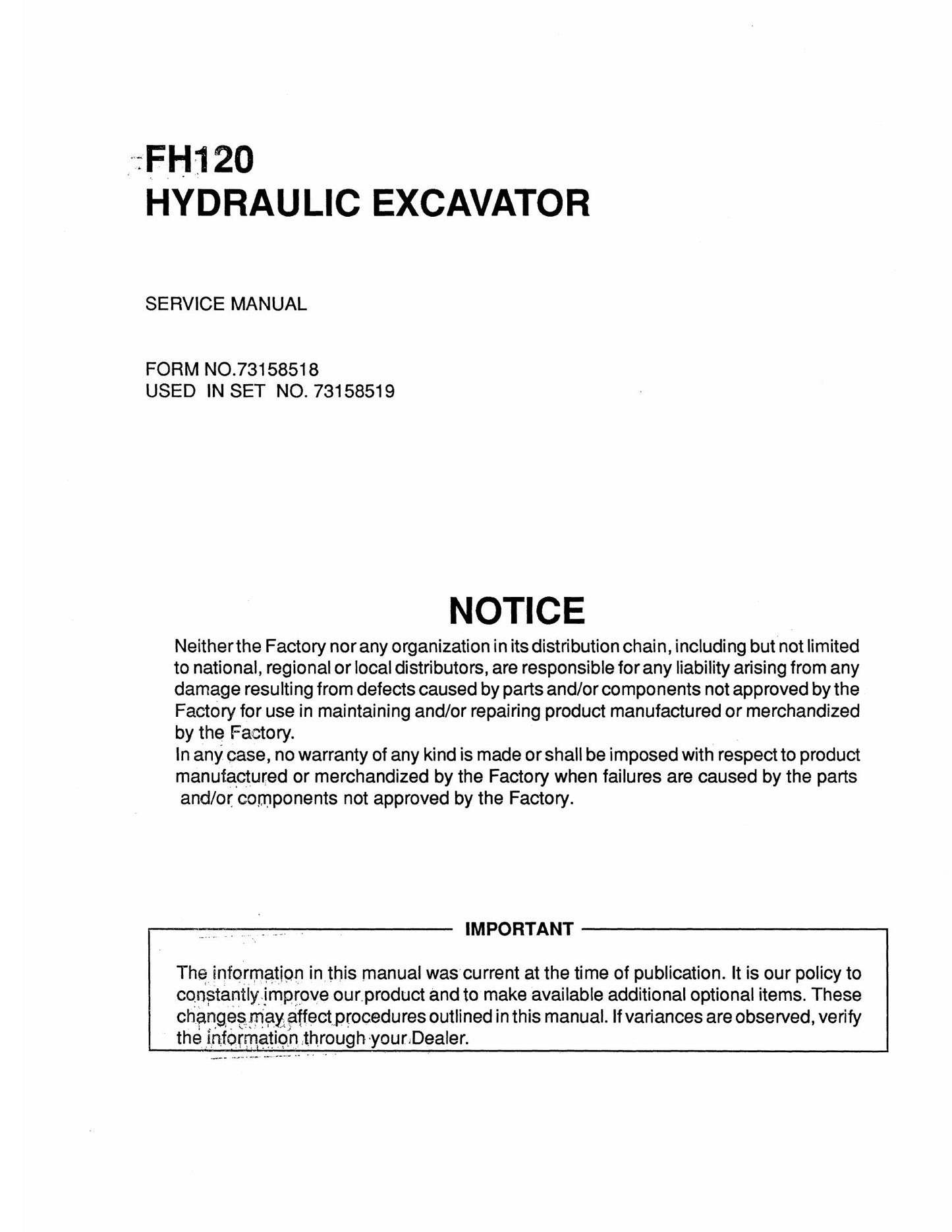 Fiatallis FH120 Hydraulic Excavator Factory Workshop Service Manual 73158518