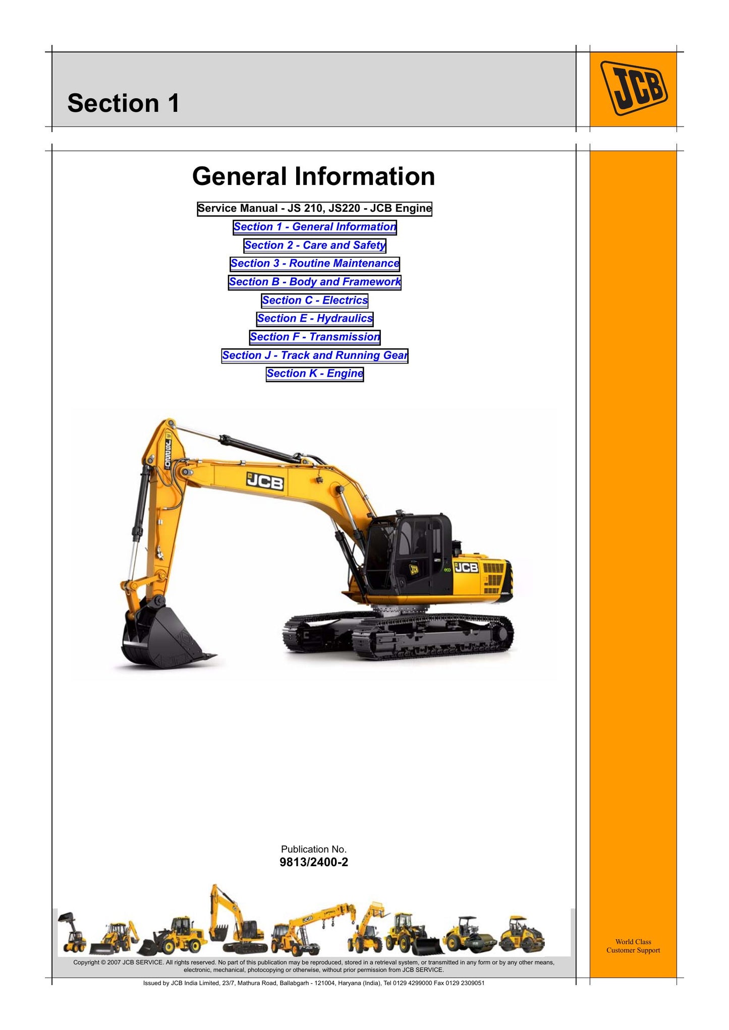 JCB JS210 JS220 Crawler Excavator Factory Workshop Service Manual 9813/2400-2