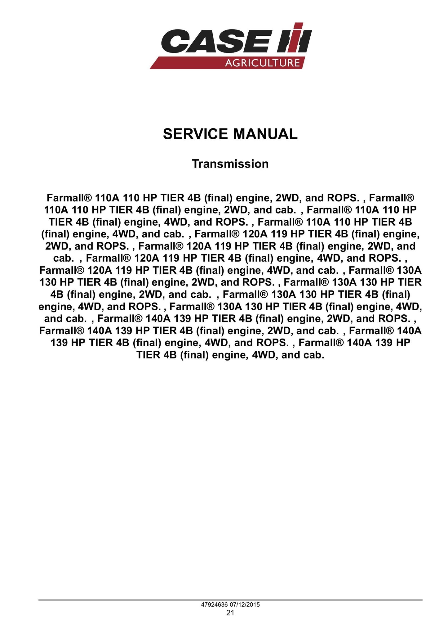 CASE Farmall 110A 120A 130A 140A Tractor Factory Workshop Service Manual 47955972