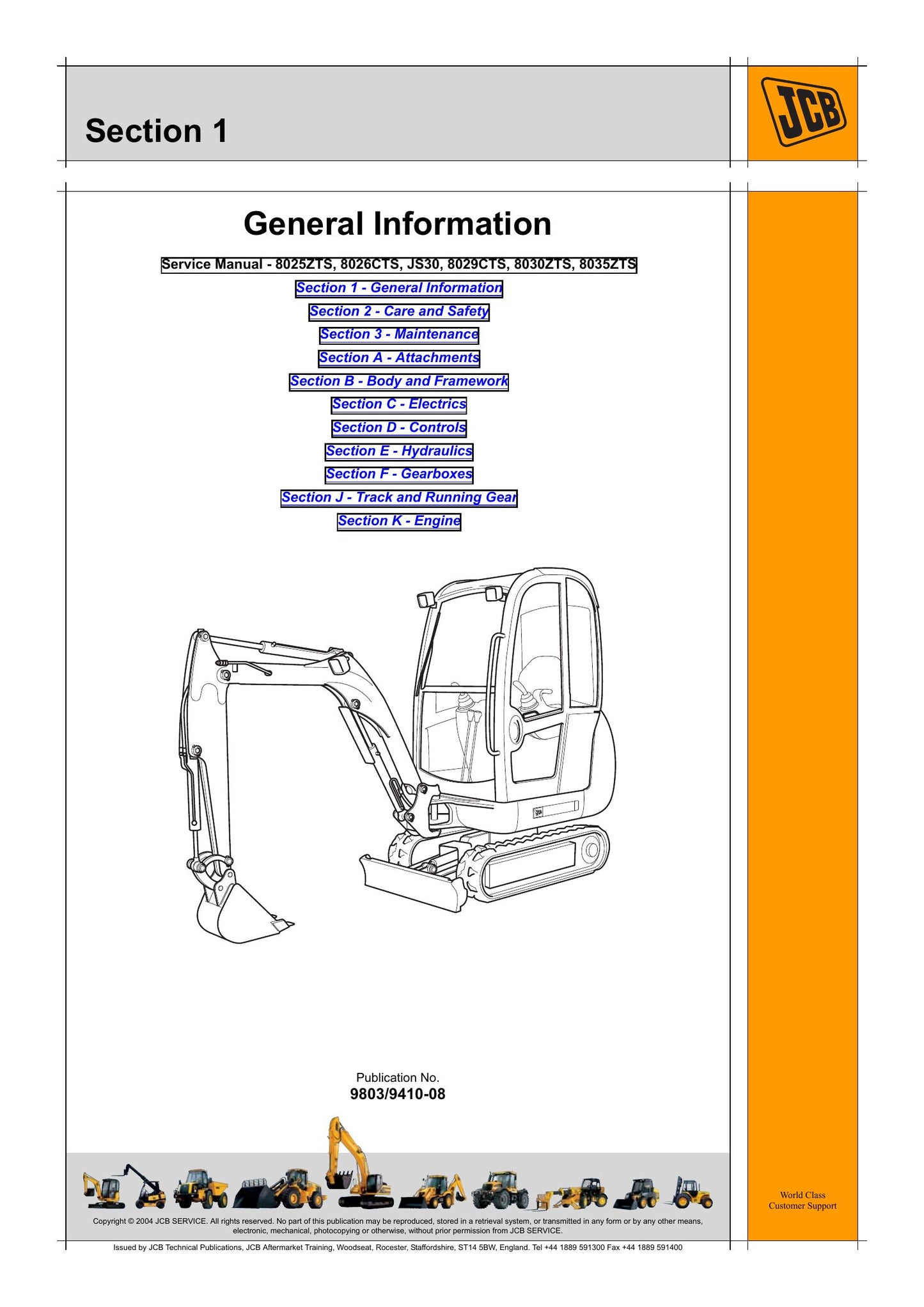 JCB 8025ZTS 8026CTS JS30 8029CTS 8030ZTS 8035ZTS Crawler Excavator Factory Workshop Service Manual 9803/9410-08