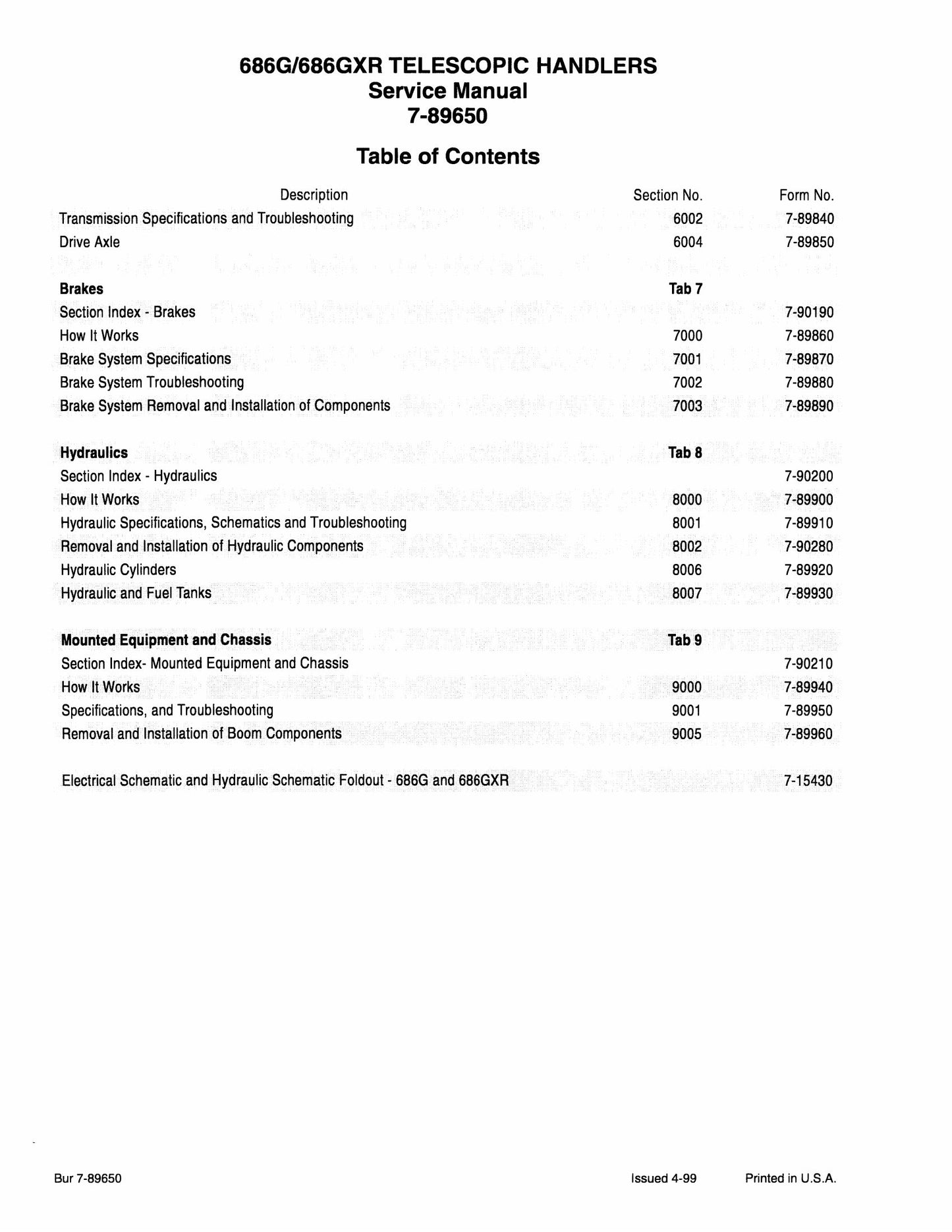 CASE 686G 686GXR Telescopic Handler Factory Workshop Service Manual 7-89650