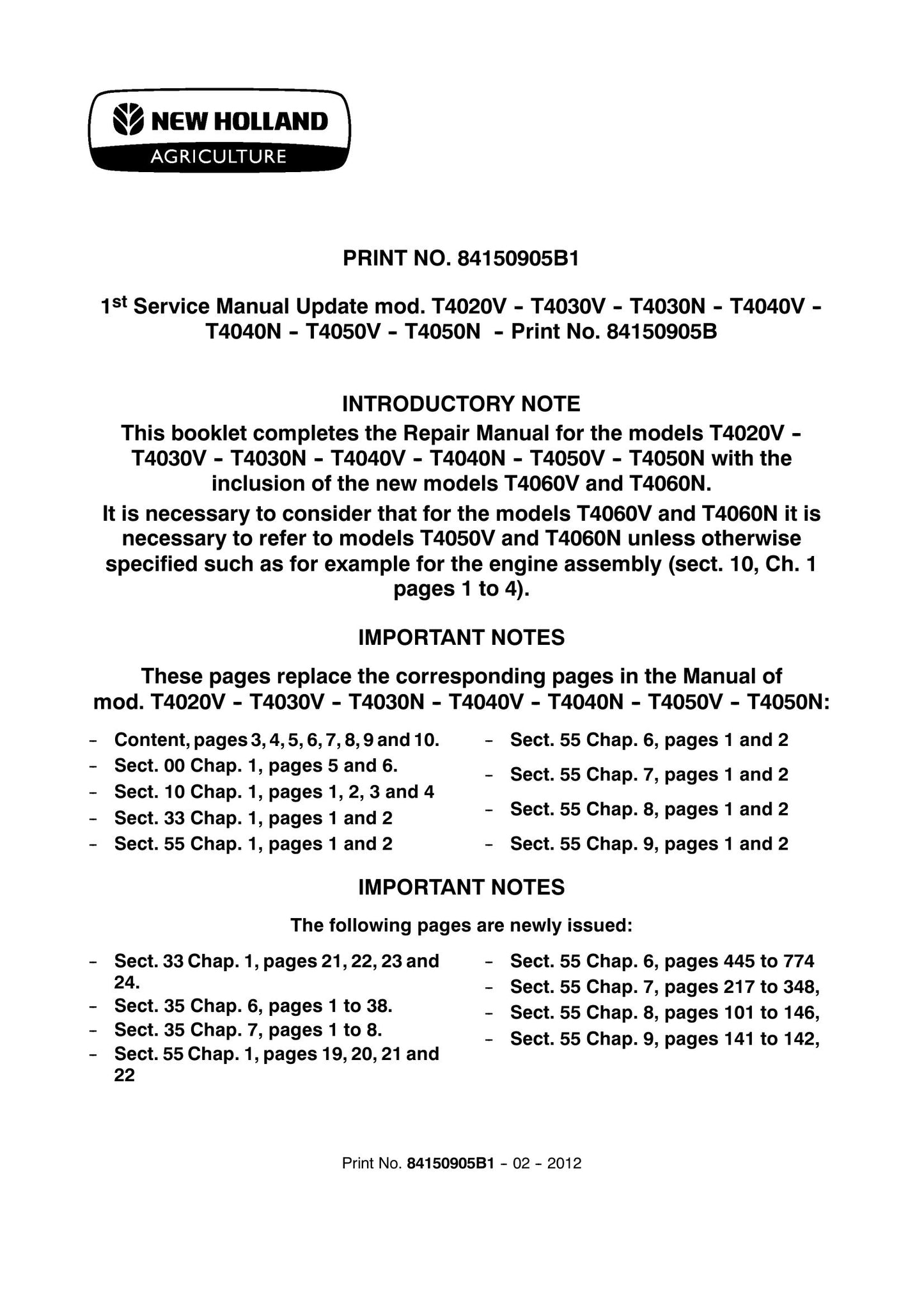 NEW HOLLAND T4020V T4030V T4040V T4050V T4060V T4030N T4040N T4050N T4060N Tractor Factory Workshop Service Manual 84150905B1