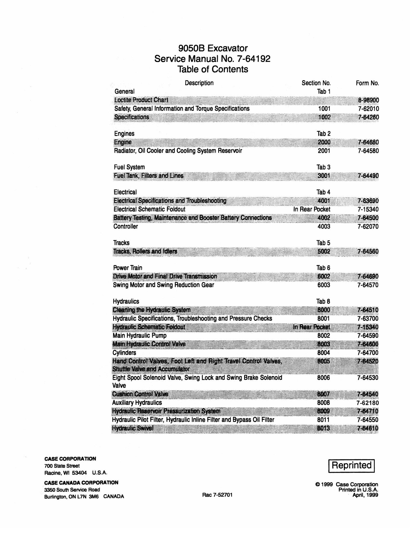 CASE 9050B Crawler Excavator Factory Workshop Service Manual 7-64192